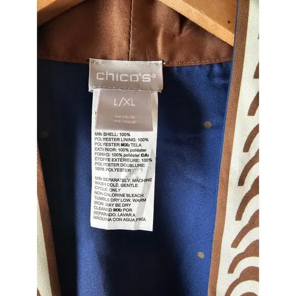 CHICO'S sz L/XL Short Border Kimono In Briar Brown silky cream navy accent - Picture 5 of 6